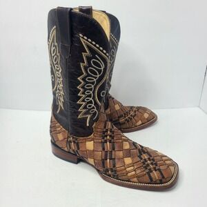 Herencia Boots Leather Woven Basket Weave Patchwork Square Toe Western Men's 9